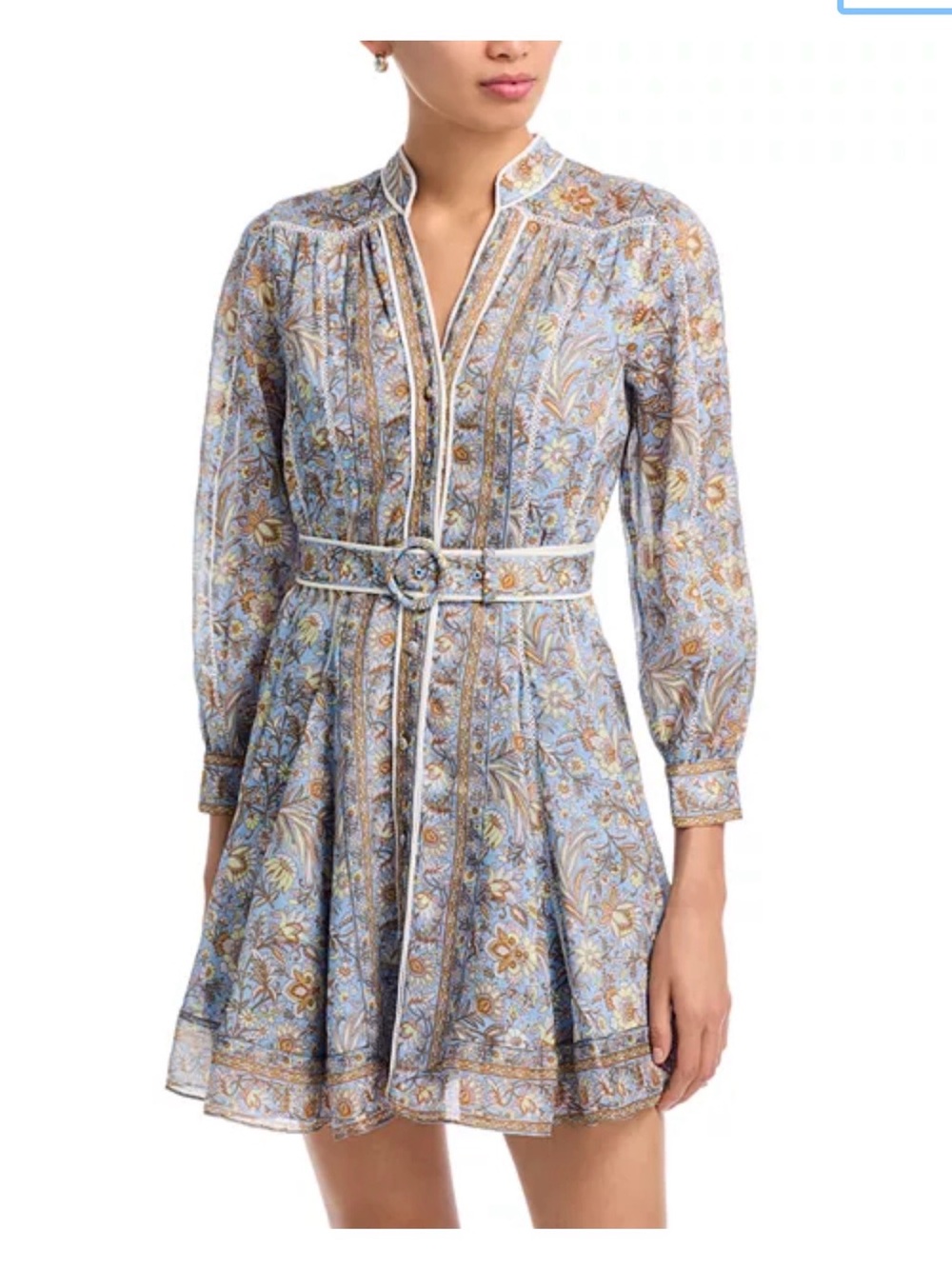 Floral Print Long-Sleeve Mini Dress in Light Blue